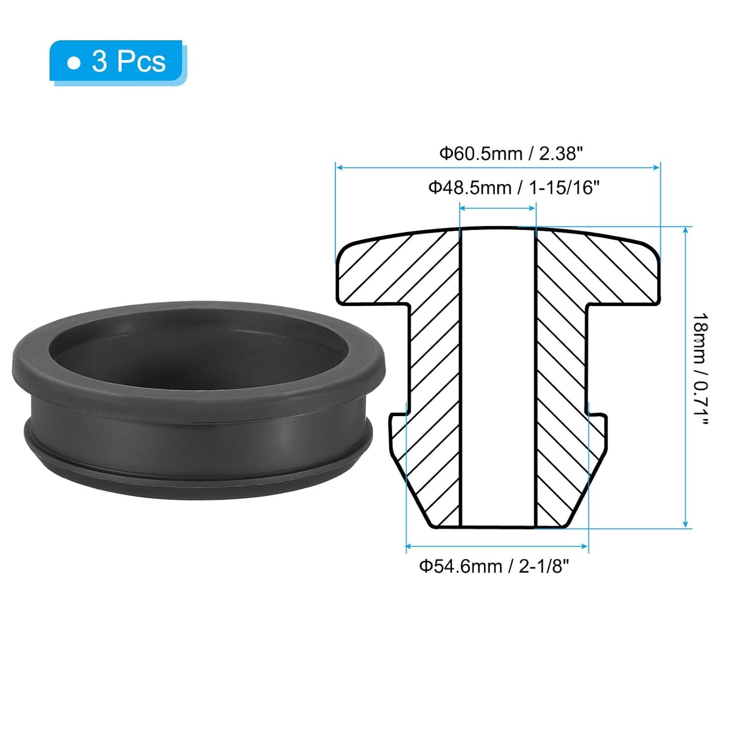 PATIKIL 54.6mm / 2-1/8 Inch Drill Hole,1-15/16 Inch ID Rubber Grommets, 3Pcs Top Hat Grommet for Wiring Eyelet Ring Gasket Automotive Firewall Cable Hole Plugs Wires Protection, Black