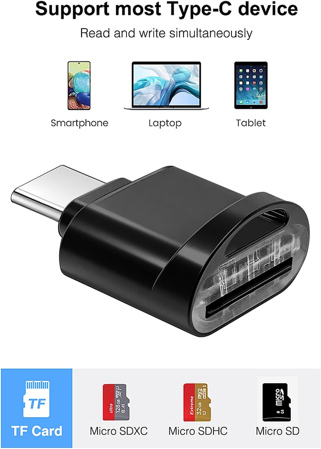 leizhan Type C Micro SD Card Reader with Keychain, USB C to Micro SD SDHC SDXC OTG Memory Reader, Type-C Card Reader Adapter Compatible for MacBook Windows Lixus Samsung Galaxy - Black