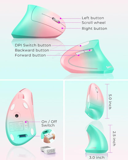 Lekvey Ergonomic Mouse, Vertical Wireless Mouse, Rechargeable 2.4G Optical Carpal Tunnel Mice with USB Receiver: 1000/1200 / 1600 DPI, 6 Buttons, for Laptop, Computer, PC, Desktop, Pink Green