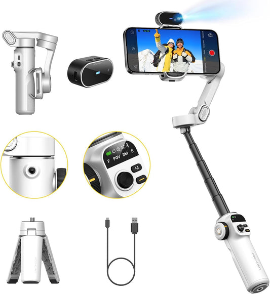 Gimbal Stabilizer for iPhone, Phone Gimbal with AI Tracking Sensor for Vlog Recording, 3-Axis Phone Gimbal with 7.8' Extension Rod and OLED Display for iPhone/Android-Smart X2 AI White