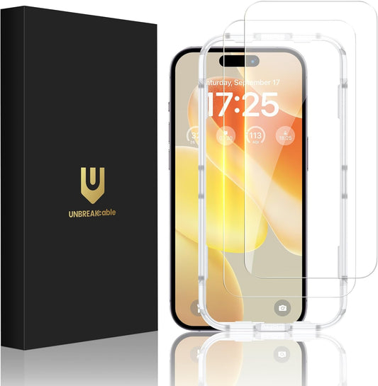 UNBREAKcable Screen Protector for iPhone 15 Pro Max,Double Shatterproof Tempered Glass [Easy Installation Frame][Lasting Protection][9H Hardness][99.99% HD Clear][Case Friendly] for iPhone 6.7"-2 Pack
