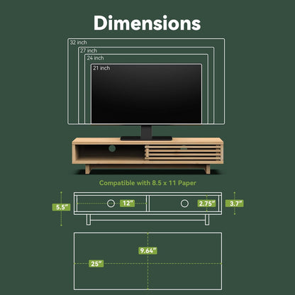 Monitor Stand Riser with Sliding Door, Computer Laptop Stand Desk Shelf Organizer with Storage (Natural Bamboo, 25 Inch)
