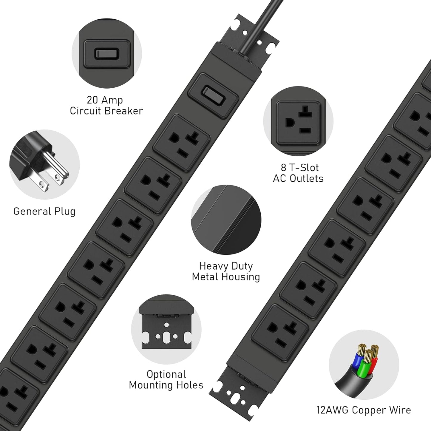 JUNNUJ Heavy Duty Power Strip Wall Mount, 20 Amp Surge Protector 1200J Metal 8 Outlet Under Desk Mounted 20A, Garage Power Table Socket Industrial Outlets 6-20R T-Slot, Black-10FT 12AWG Extension Cord