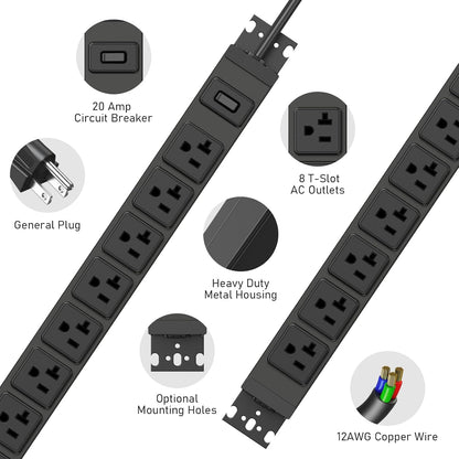 JUNNUJ Heavy Duty Power Strip Wall Mount, 20 Amp Surge Protector 1200J Metal 8 Outlet Under Desk Mounted 20A, Garage Power Table Socket Industrial Outlets 6-20R T-Slot, Black-6FT 12AWG Extension Cord