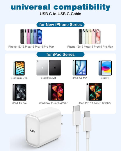 10FT Apple iPhone 16 Charger,2Pack Extra Long 10Foot Type C Cable Cord 20W USB C Charger Travel Plug Super Quick Charging for iPhone 16e/16 Pro/16 Pro Max/16 Plus/15/15 Pro/15Pro Max/iPad Mini/Air/Pro
