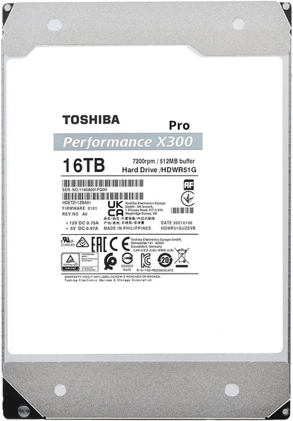 Toshiba X300 PRO 16TB High Workload Performance for Creative Professionals 3.5-Inch Internal Hard Drive – Up to 300 TB/Year Workload Rate CMR SATA 6 GB/s 7200 RPM 512 MB Cache - HDWR51GXZSTB