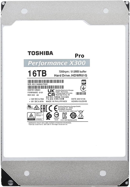 Toshiba X300 PRO 16TB High Workload Performance for Creative Professionals 3.5-Inch Internal Hard Drive – Up to 300 TB/Year Workload Rate CMR SATA 6 GB/s 7200 RPM 512 MB Cache - HDWR51GXZSTB