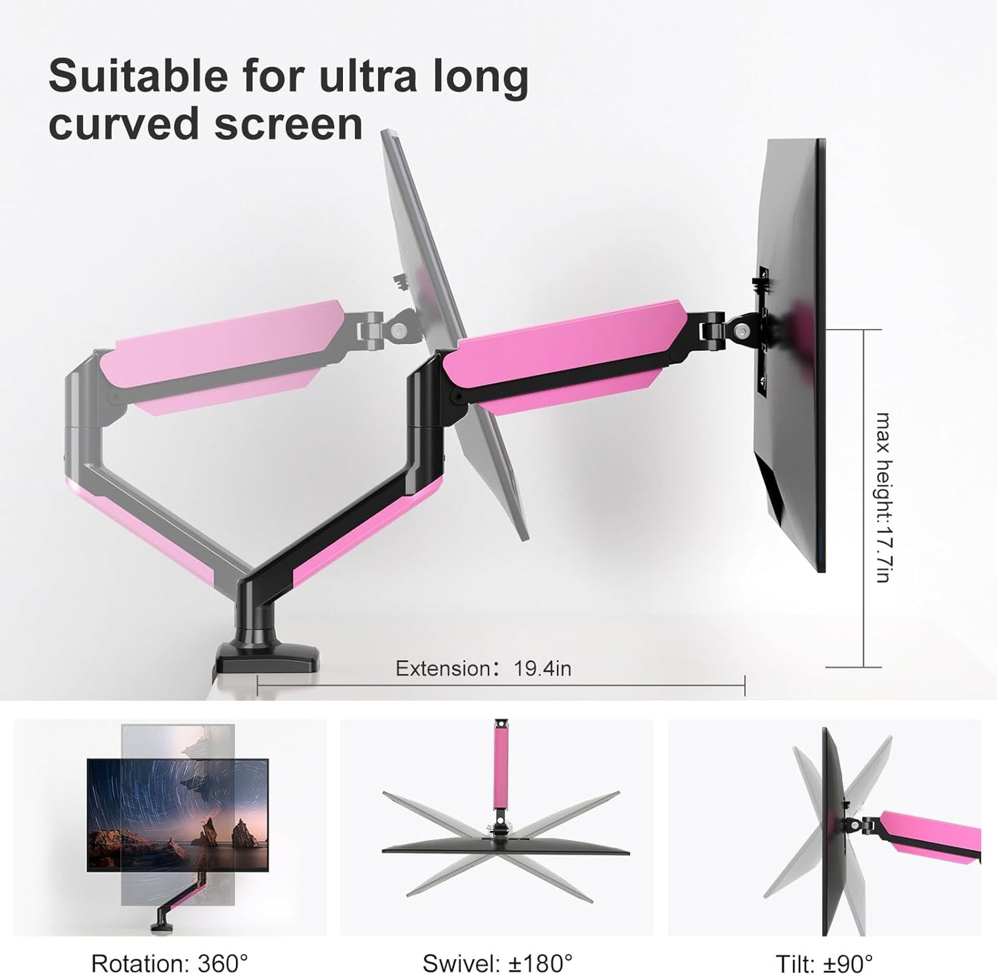 PHOLITEN Single Monitor Arm Fits 13-32 inch,4.4-19.8lbs Screen, Fully Adjustable Gas Spring Arm, Computer Monitor Stand with VESA 75 * 75mm/100 * 100mm Mount,Black & Pink
