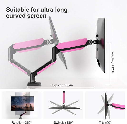 PHOLITEN Single Monitor Arm Fits 13-32 inch,4.4-19.8lbs Screen, Fully Adjustable Gas Spring Arm, Computer Monitor Stand with VESA 75 * 75mm/100 * 100mm Mount,Black & Pink