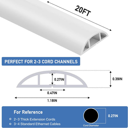 Floor Cord Cover Self Adhesive Cord Hider Floor Extension Cord Covers for Floor Power Cord Protector Cable Management Prevent Cable Trips Cable Cavity 0.47" W x 0.27" H (White, 20Ft)