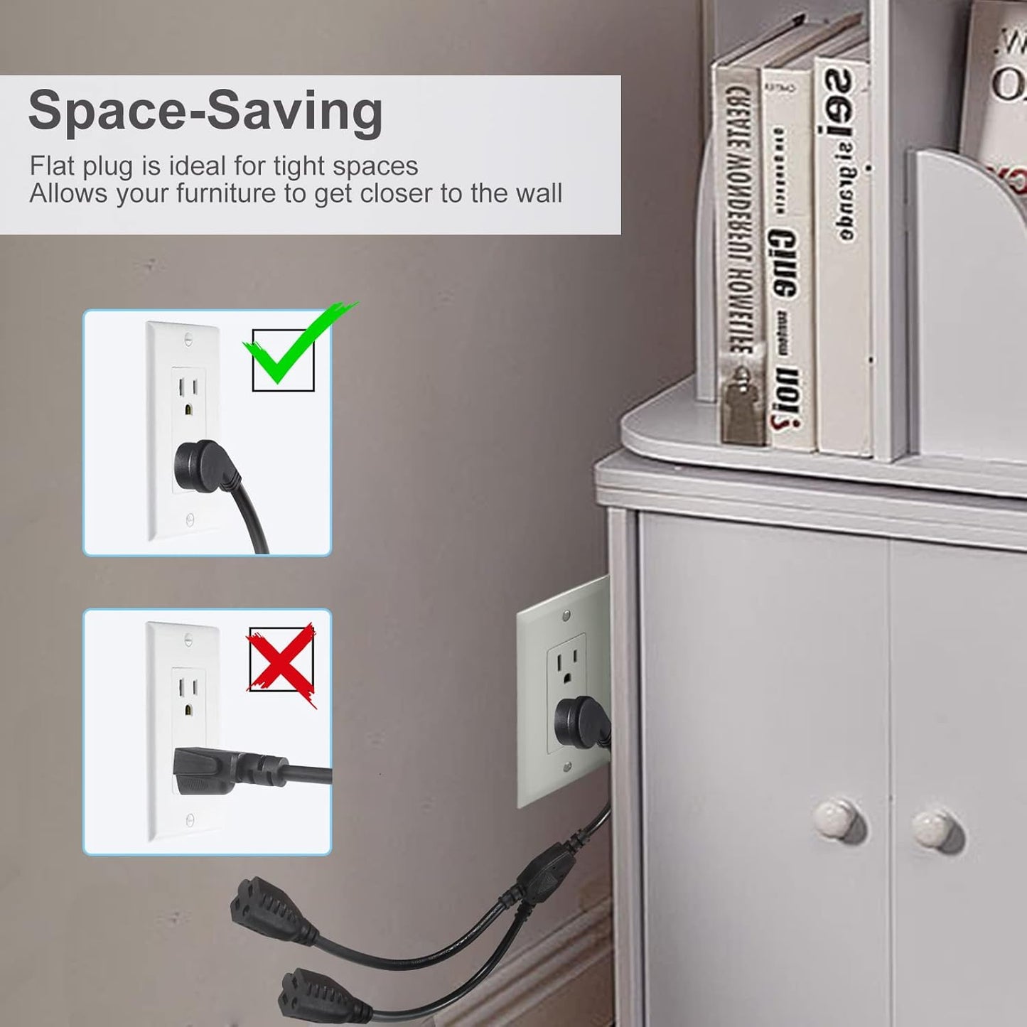 Power Extension Cord Y Splitter - 1FT Right Angled Type Flat Plug NEMA 5-15P 1 to 2 Way Outlet NEMA 5-15R SJT 16AWG 3 Prong Low Profile Black AC Power Cable Wire Extender for TV Computer Monitor