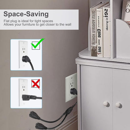 Power Extension Cord Y Splitter - 1FT Right Angled Type Flat Plug NEMA 5-15P 1 to 2 Way Outlet NEMA 5-15R SJT 16AWG 3 Prong Low Profile Black AC Power Cable Wire Extender for TV Computer Monitor