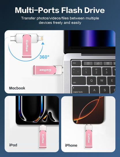 Gulloe 256GB Flash Drive Intended for iPhone, Memory Stick Storage for Photos and Videos Backup, Compatible with iPhone iPad Android PC, Plug and Play, No Application Required (Pink)