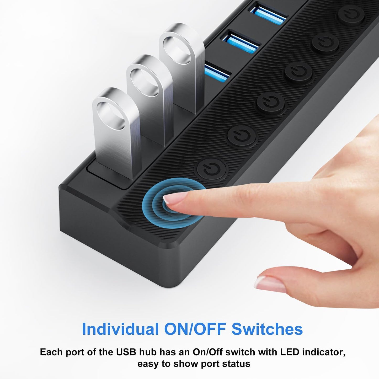 Powered USB Hub 3.0, 10-Port USB Splitter Hub with Individual On/Off Switches and 12V/2A Power Adapter USB Extension