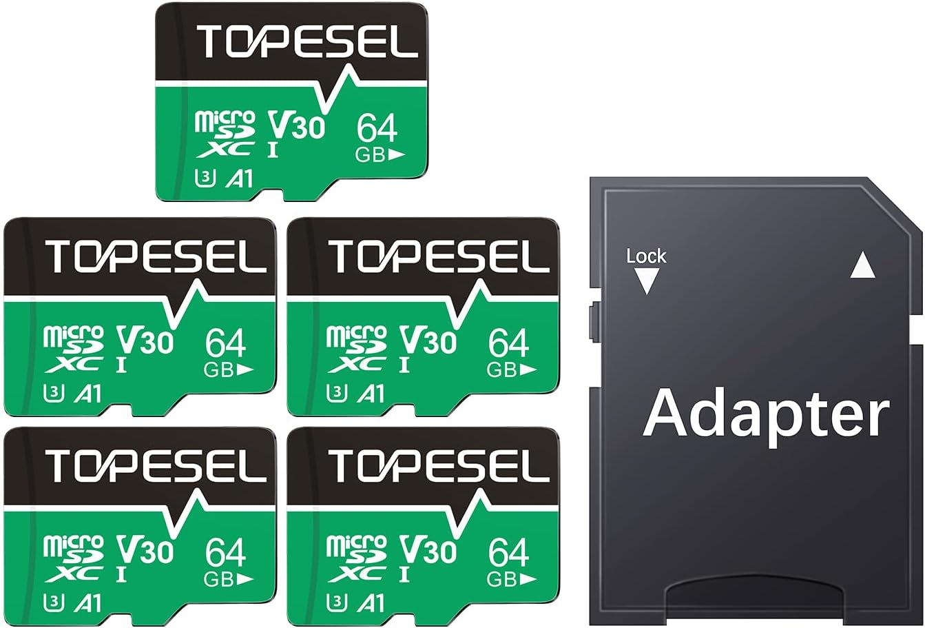 TOPESEL Micro SD Card high Speed 90mb per Second TF Card 4K Recording Memory Card with Adapter (5 Pack, 64, GB)