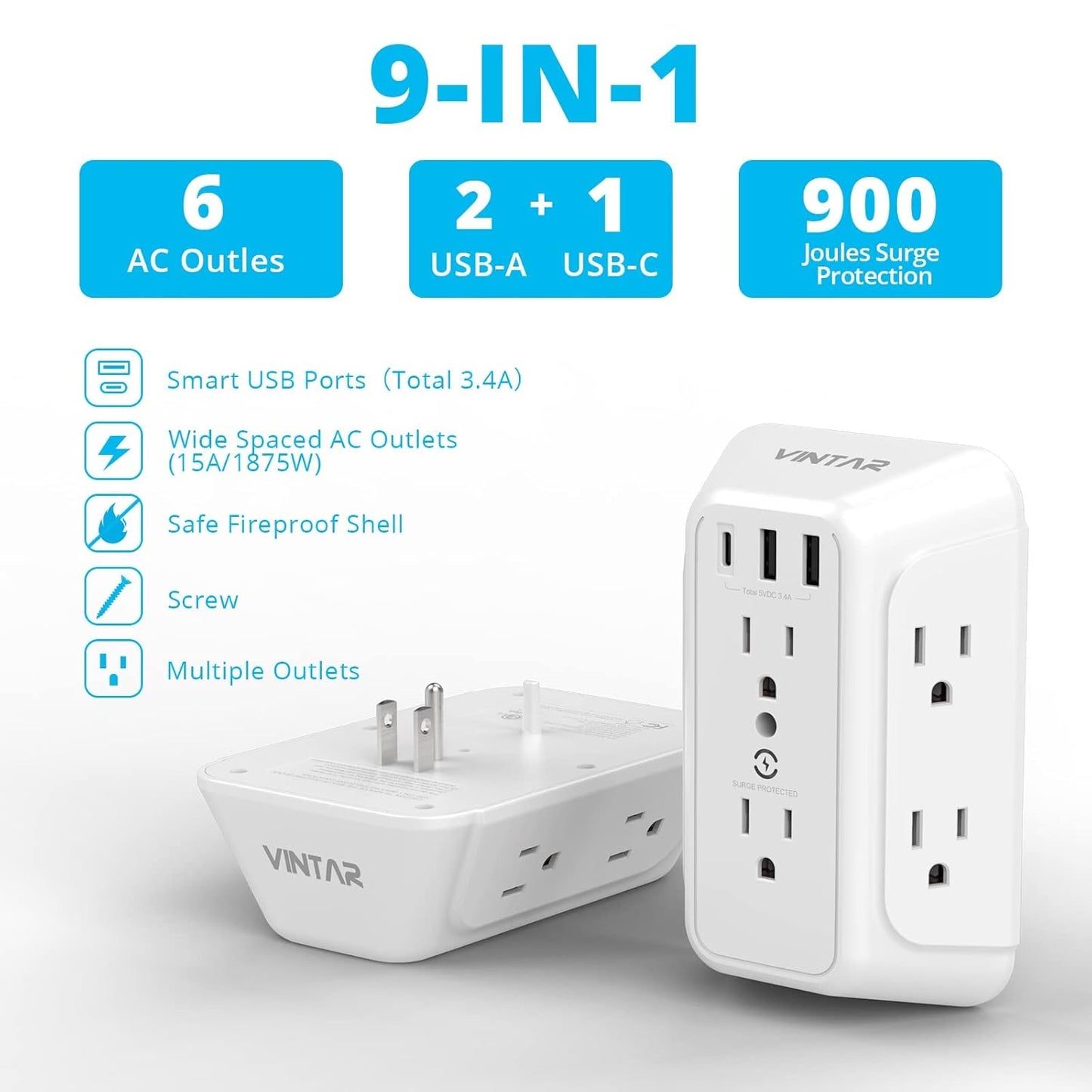 Wall Charger, Surge Protector, 6 Outlet Extender with 3 USB Charging Ports (1 USB C, 3.4A) 900J Wall Mount Power Strip Multi Plug Outlets for Home Travel Office ETL Listed