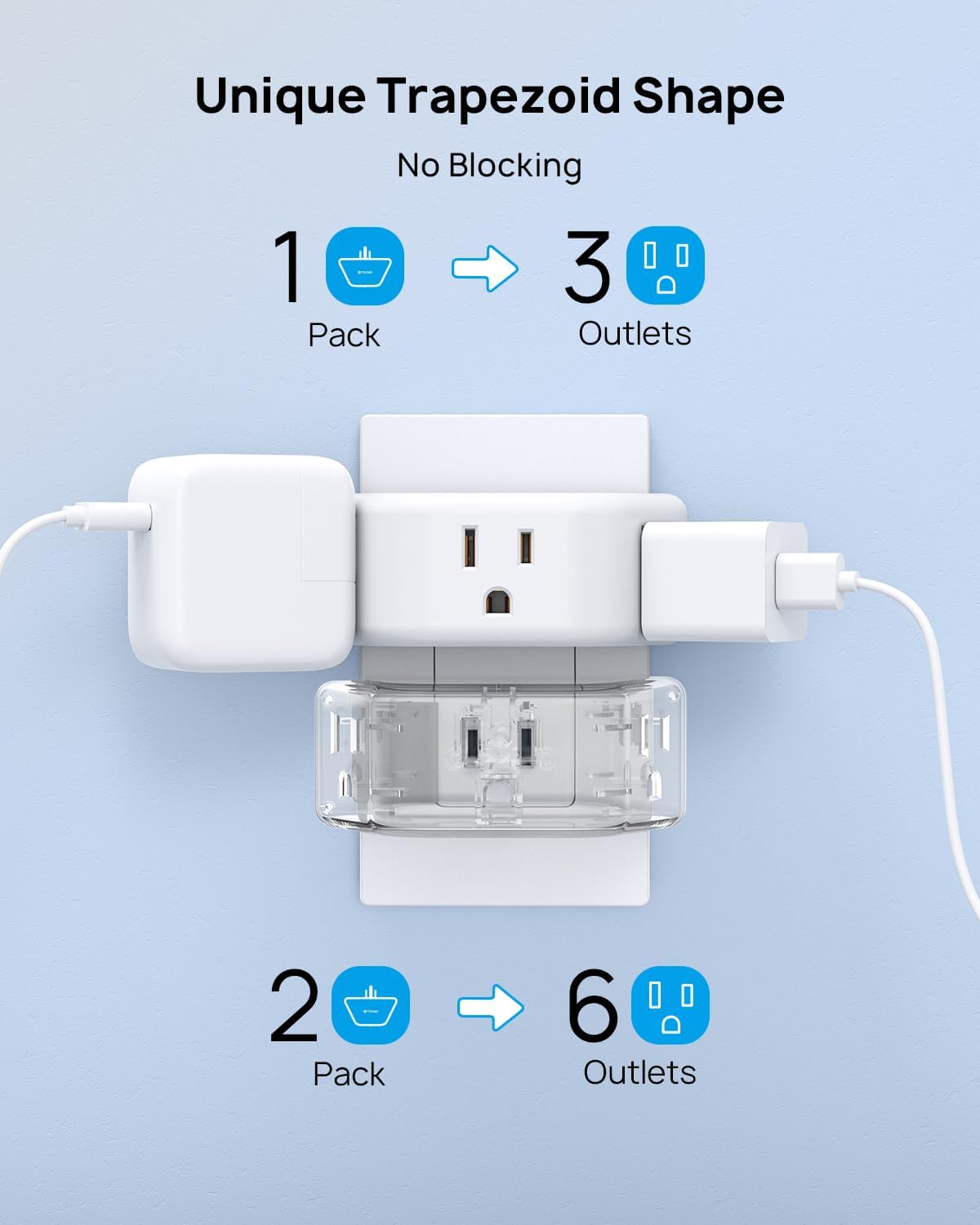 TROND 2 Prong to 3 Prong Outlet Adapter 2 Pack, 3-Way Angled Wall Extender with 3 AC Sockets, Plug Expander for Non-Grounded Outlets in Old House, Cruise Ship Essentials, White
