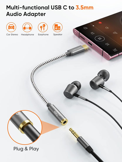 CableCreation USB C to 3.5mm Audio Adapter, Type C to Headphone Adapter, USB C to Aux 24bit/96kHz HiFi DAC Cable for iPhone 16 15 Pro Max/15 Pro/15 Plus, iPad, Galaxy S24 S23 Ultra, Pixel 9, 0.33 ft