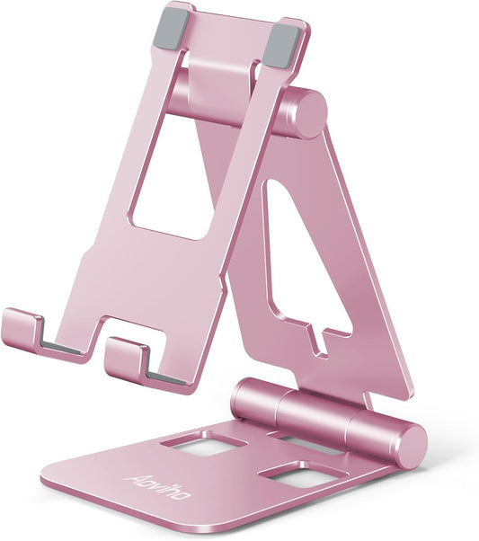 Cell Phone Stand for Desk, Adjustable Desktop Phone Holder Stand, Foldable Moblie Phone Dock for iPhone 15 14 13 12 11 Pro Xs Max Xr X 8 7 6 5 5s SE Nintendo Switch All Phones, Rose Gold