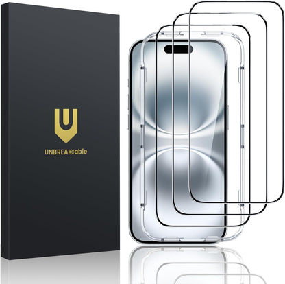 UNBREAKcable Screen Protector for iPhone 16 Plus/15 Plus [3-Pack] Full Coverage Double Shatterproof Tempered Glass [Installation Frame] [9H Hardness] [99.99% HD Clear] [Bubble Free] for iPhone 6.7"