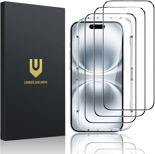 UNBREAKcable Screen Protector for iPhone 16 Plus/15 Plus [3-Pack] Full Coverage Double Shatterproof Tempered Glass [Installation Frame] [9H Hardness] [99.99% HD Clear] [Bubble Free] for iPhone 6.7"
