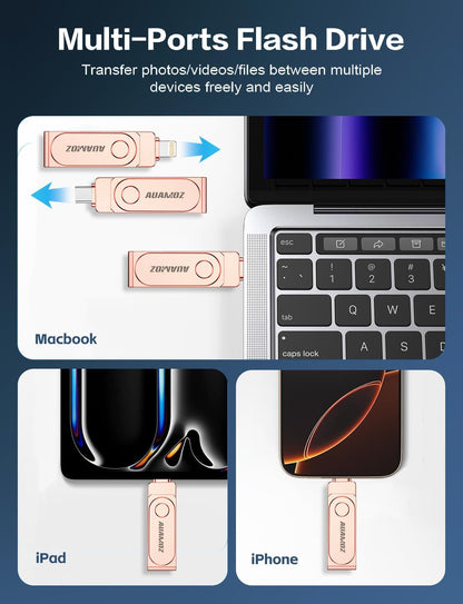 512GB Flash Drive Intended for iPhone, Memory Stick Storage Files Photos Videos Backup, Compatible with iPhone iPad Android PC, Plug and Play, No Application Required (Rose Gold)