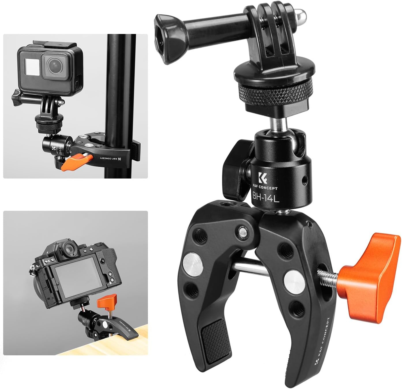 K&F CONCEPT Camera Clamp Mount with 360° Ballhead, Clamp Mount with Adapter 1/4"-20 Screw for DSLRs, Action Camera, Monitor, Light, Microphone