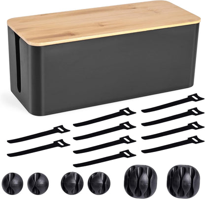 Cable Management Box - Wooden Style Cord Organizer Box to Hide Wires & Power Strips | Desk Computer Cable Organizer Box | Safe ABS Material | 12.6" (L) x 5.3" (W) 4.9" (H) | for Home & Office - Black