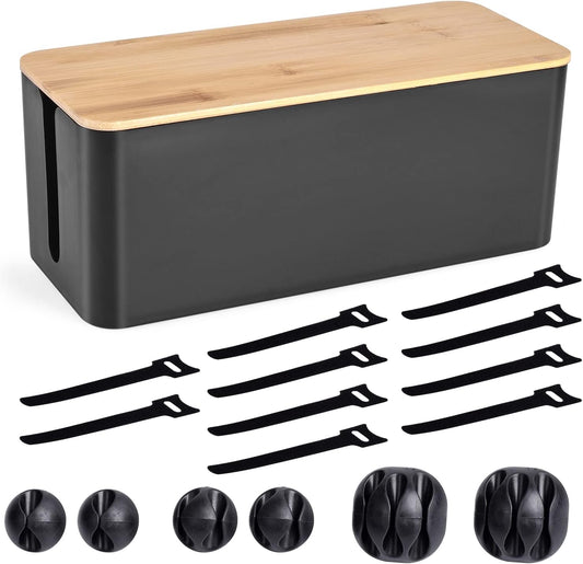 Cable Management Box - Wooden Style Cord Organizer Box to Hide Wires & Power Strips | Desk Computer Cable Organizer Box | Safe ABS Material | 12.6" (L) x 5.3" (W) 4.9" (H) | for Home & Office - Black