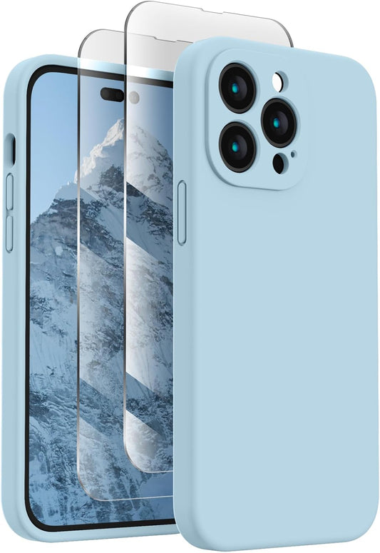 FireNova for iPhone 14 Pro Case, Silicone Upgraded [Camera Protection] Phone Case with [2 Screen Protectors], Soft Anti-Scratch Microfiber Lining Inside, 6.1 inch,Sky Blue