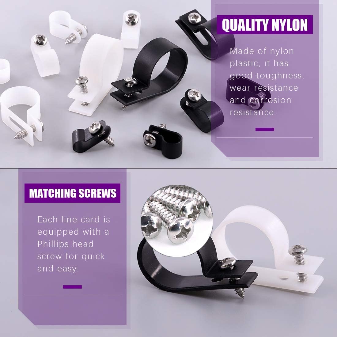 Swpeet 135 Pack 6 Sizes White+Black Nylon Plastic R-Type Cable Clips Clamp Assortment Kit, 3/16" 1/4" 3/8" 1/2" 3/4" 1" Nylon Screw Mounting Cord Fastener Clips with 135Pcs Screws for Wire Management