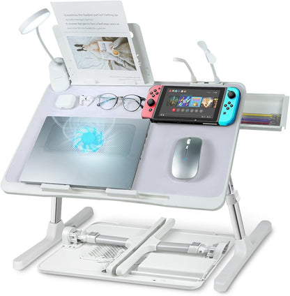 Laptop Lap Desk with Cooling Fan - Adjustable with Light, USB, Storage Drawer - Folding Bed Desk,22.04"*12.59",Grey