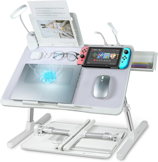 Laptop Lap Desk with Cooling Fan - Adjustable with Light, USB, Storage Drawer - Folding Bed Desk,22.04"*12.59",Grey