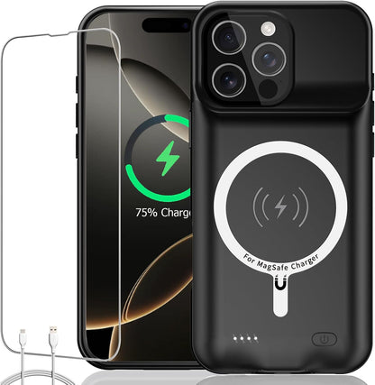 Battery Case for iPhone 16 Pro Max, Upgraded 12000mAh Rechargeable Portable Extended Battery Pack Supported Qi Wireless Charging Case Compatible with iPhone 16 Pro Max (6.9 inch) Charger Cover (Black)