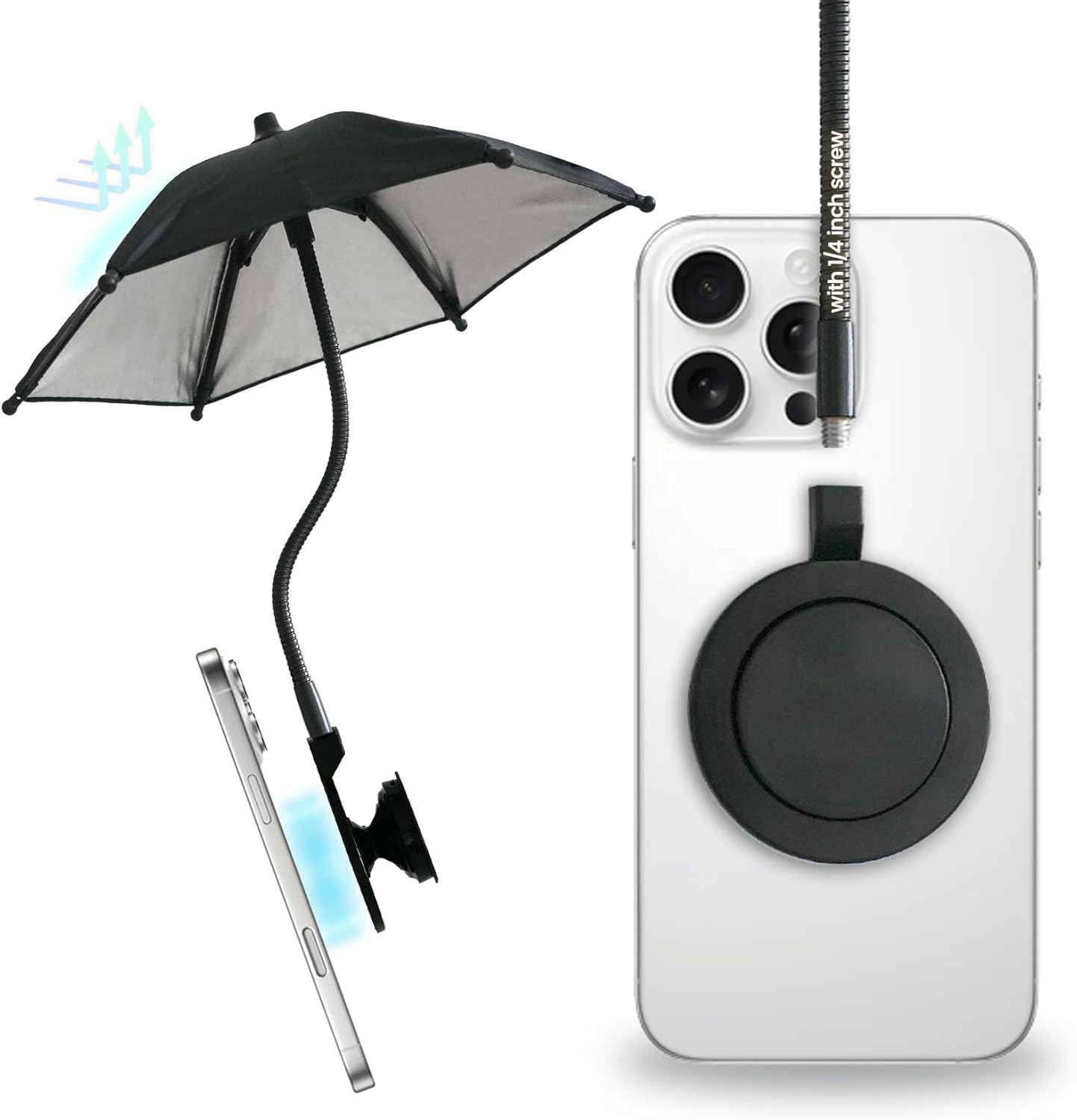 3 in 1 Magnetic Umbrella Sunshade Collapsible Expandable Phone Grip & Stand - Elegant Magsafe Compatible Phone Holder for Secure Grip and Hands-Free Viewing (Black)