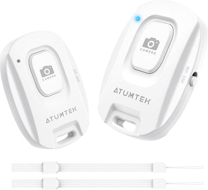 ATUMTEK Camera Remote Shutter for iPhone and Android Smartphones (2 Pack), Wireless Phone Remote Control Selfie Button for Photos and Videos (Bluetooth 5.2), Wrist Strap Included, White