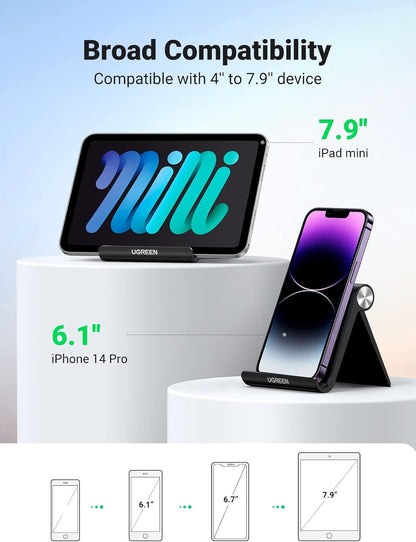 UGREEN Cell Phone Stand for Desk Phone Holder Foldable Portable Adjustable Compatible with iPhone 16 15 14 13 Pro Max, iPhone 12 11 Plus SE XS XR 8 7, Office Desk Travel Accessories, Black