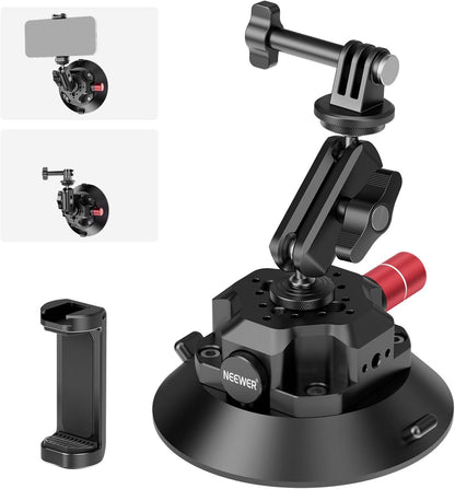 NEEWER 4.5" Suction Cup Camera Mount with Ball Head Magic Arm, 1/4" 3/8" ARRI Holes, Quick Release Car Mount with Phone Holder & Action Cam Adapter Compatible with iPhone DJI Insta360, CA105
