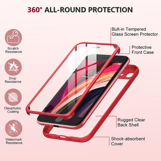 Miracase for iPhone SE Phone Case 3rd/2nd Generation 2022 2020 Full-Body with Built-in Glass Screen Protector, Heavy Duty 360° Protective Shockproof Bumper Cover for iPhone 8/SE 4.7 Inch, Red