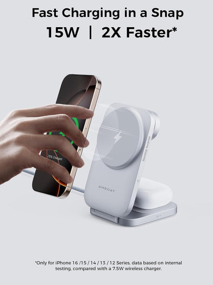 MagFusion Z 3-in-1 Charging Station Compatible with MagSafe, Qi2 Certified 15W Wireless Foldable Charger, for iPhone 16/15/14/13/12, AirPods 4/3/2/Pro, Apple Watch Charger, Silver