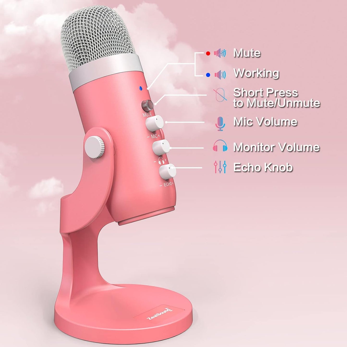 ZealSound Gaming USB Pink Microphone with Quick Mute for Phone Computer PC PS5,Studio Mic with Gain Control,Echo&Monitor Volume Adjust for Streaming Vocal Recording ASMR Podcast Video K66