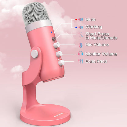 ZealSound Gaming USB Pink Microphone with Quick Mute for Phone Computer PC PS5,Studio Mic with Gain Control,Echo&Monitor Volume Adjust for Streaming Vocal Recording ASMR Podcast Video K66