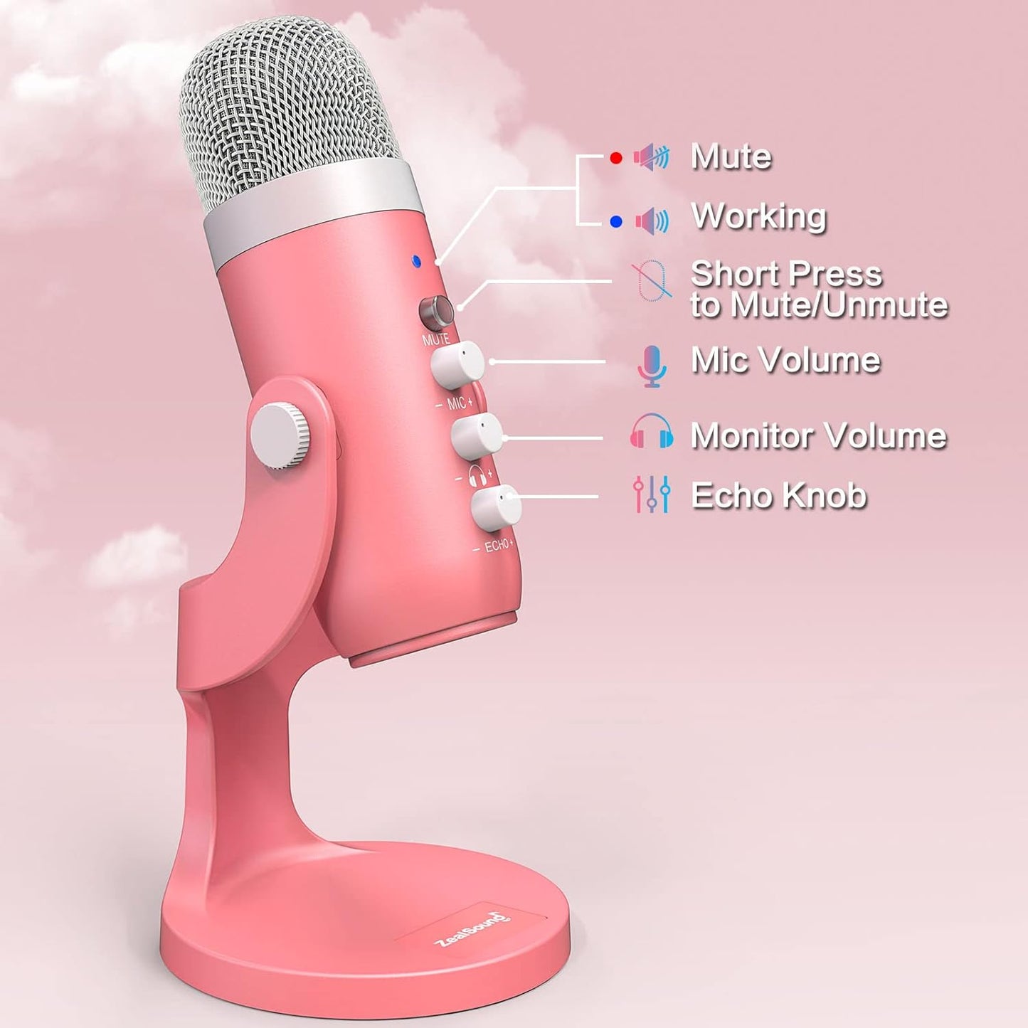 ZealSound USB Microphone,Condenser Computer Mic,Plug&Play Gaming Microphones for PS 4&5.Headphone Output&Volume Control,Mic Gain Control,Mute Button,YouTube Podcast on Mac&Windows Pearlescent Pink