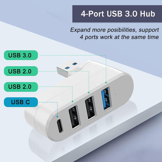 VIENON 4-Port USB 3.0 Hub [90/180 Rotatable], USB Splitter with 3 USB Ports & 1 USB C Power/Data Port, USB Extender for Laptops, Cars, iMac, MacBook Air, MacBook Pro