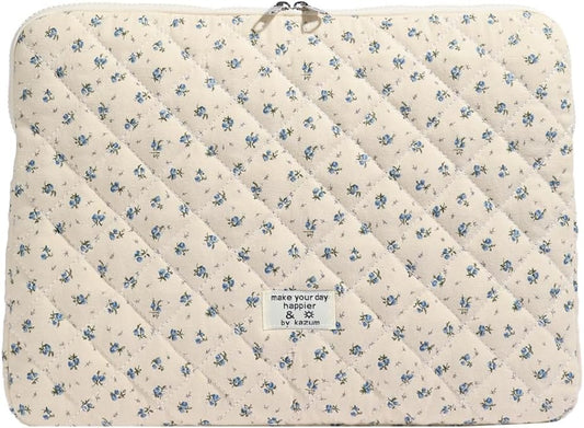 Puffy Laptop Sleeve 13-15.6 Inch Cute Quilted Laptop Protective Case Padded Floral Computer Sleeve for MacBook (A-Blue, 15 Inch)
