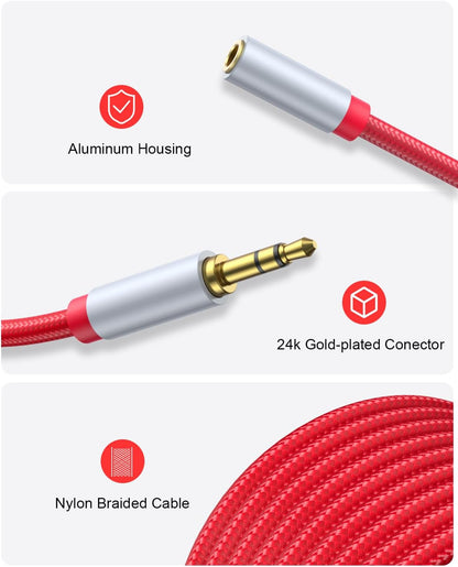 3.5mm Extension Cable 6.6ft - Headphone Extension Cable Nylon Braided Aux Cord Extender for Smartphones, Tablets, Media Players (No Mic Support) -Red