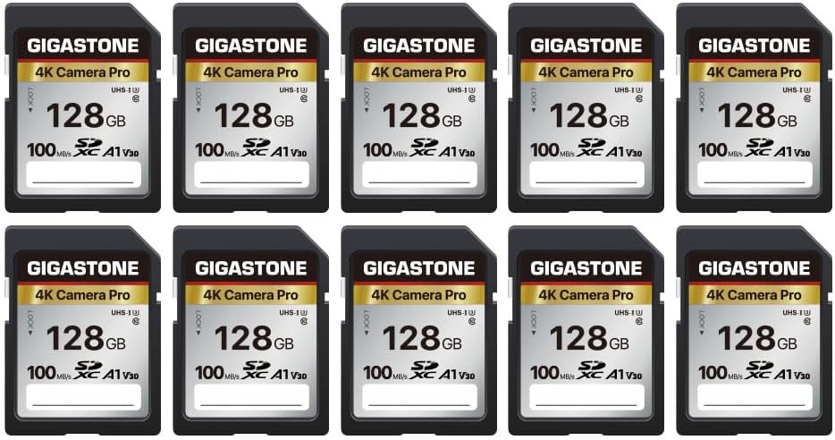 [5-Yrs Free Data Recovery] GIGASTONE 128GB SD Card 10-Pack, 4K Camera Pro, A1 V30 SDXC Memory Card 4K UHD Video Compatible with Canon Digital Camera, with 10 Mini Cases