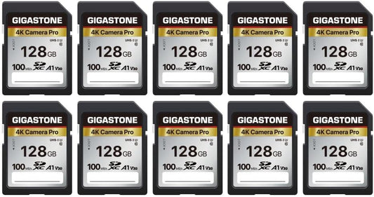 [5-Yrs Free Data Recovery] GIGASTONE 128GB SD Card 10-Pack, 4K Camera Pro, A1 V30 SDXC Memory Card 4K UHD Video Compatible with Canon Digital Camera, with 10 Mini Cases