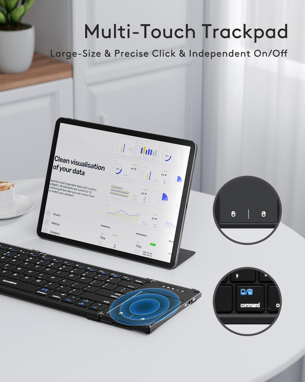 Samsers Foldable Bluetooth Keyboard with Touchpad, Full-Size Wireless Folding Keyboards with Holder, Rechargeable Portable Travel for iOS Windows Android Mac OS, Support 3 Devices (BT5.1 x 3)