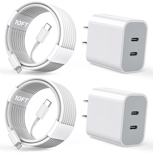iPhone Charger [Apple MFi Certified] 2Pack PD Dual USB C Charger Block Fast Charging Wall Charge Plug with 10FT Long Rapid Type C - Lightning Cable Apple Charge for iPhone 14/13/12/11/XS/XR/SE, iPad